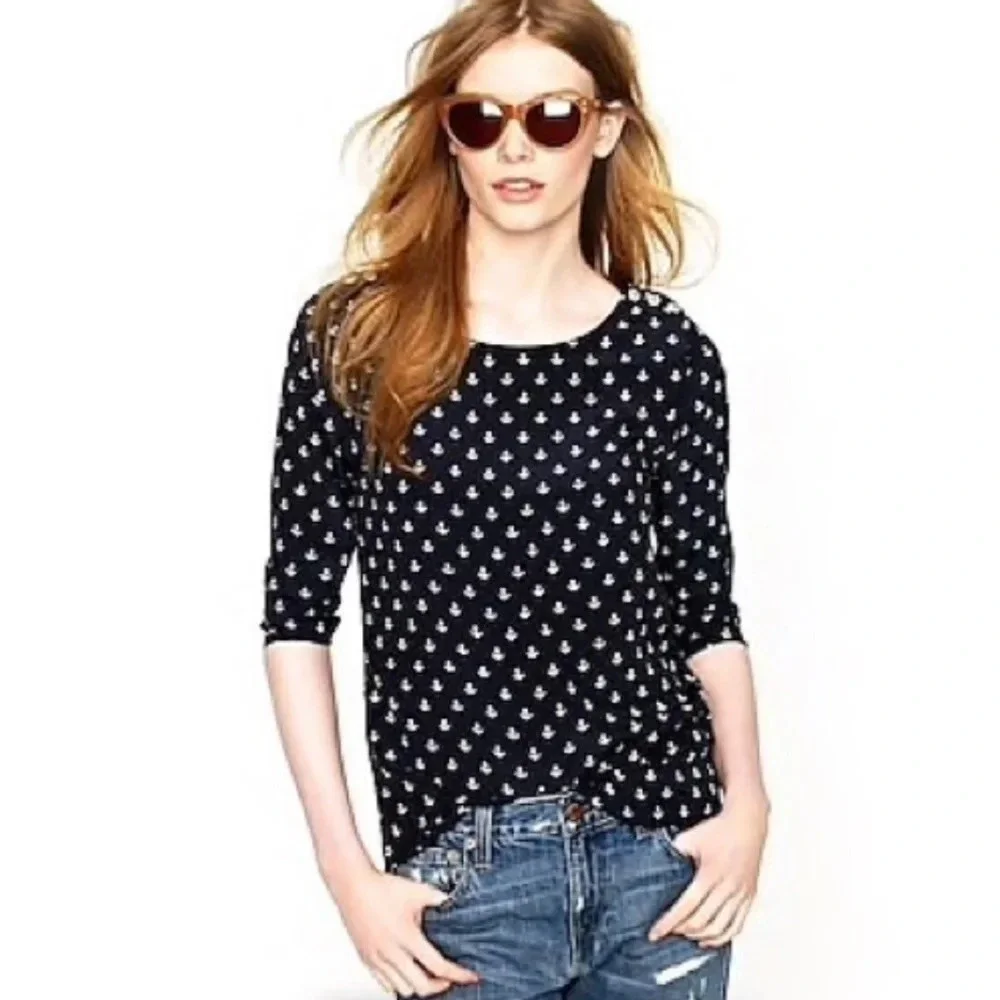 J.Crew Blue Anchor Print Blouse XXS | Nautical Coastal Preppy 3/4 Sleeve Top